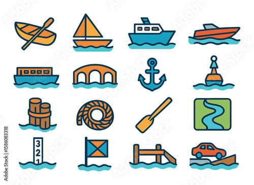 River transport and navigation modern flat style. rowboat, sailboat, ferry, motorboat, river barge, bridge, anchor, buoy, dock piling, rope coil, oar, river path map