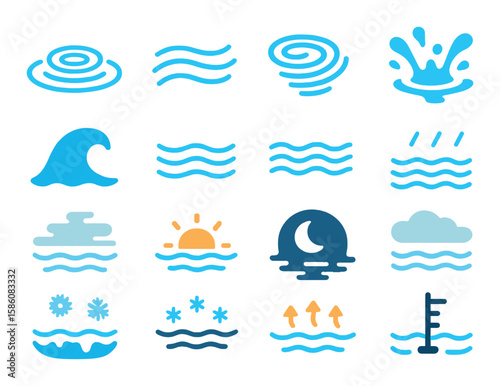 River elements in weather and water flow modern flat style. ripples, current lines, whirlpool, splash icon, wave crest, still water, stormy river, light rain on water