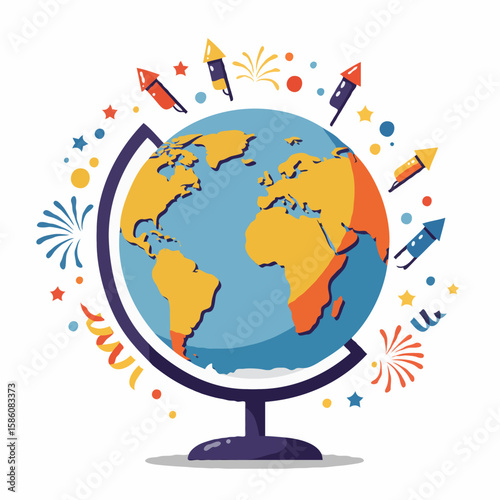 Playful flat illustration of a globe with fireworks in blue and festive vibrant colors, representing global celebration and festive worldwide events.