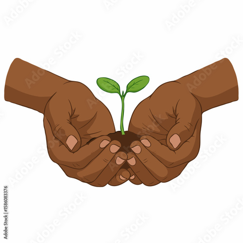 Caring hands nurturing a green plant seedling in soil on a white background.