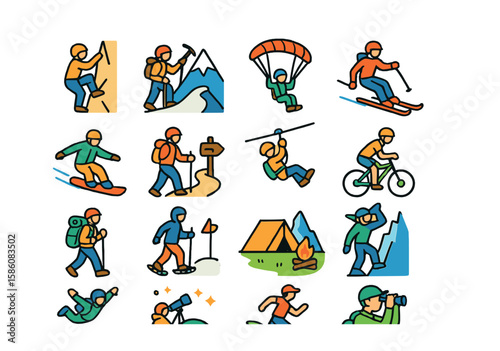 Mountain adventure activities modern flat style. rock climbing, mountaineering, paragliding, skiing downhill, snowboarding, hiking trail, zipline, mountain biking