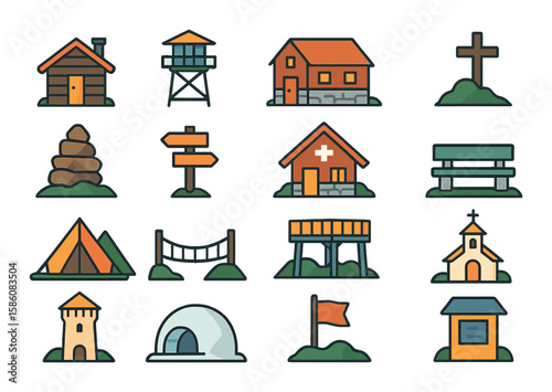 Mountain shelters and landmarks modern flat style. wooden cabin, fire lookout, alpine hut, summit cross, rock cairn, trail signpost, mountain rescue station, stone bench