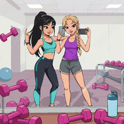 Happy and confident two fit women taking a selfie together in a modern gym environment.