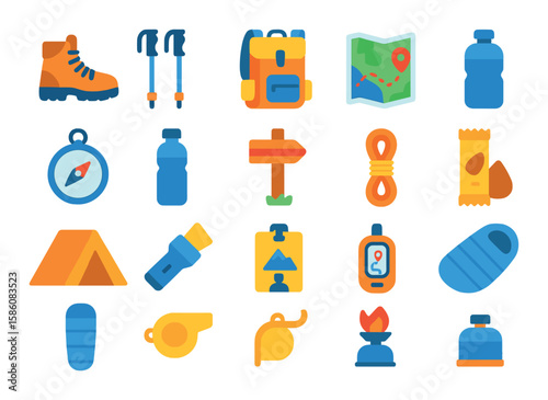 Mountain hiking and trekking gear modern flat style. hiking boots, trekking poles, backpack, map with trail, compass, water bottle, trail marker, climbing rope, tent