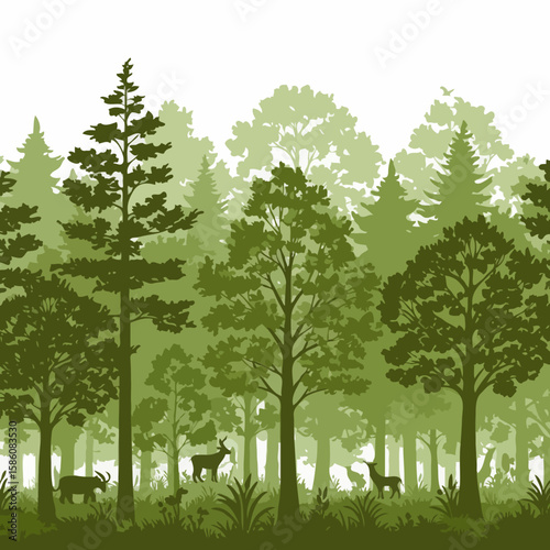  Illustrative silhouettes of trees and animals in a forest in various shades of green, depicting natural habitat and wildlife preservation.