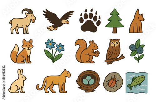Mountain wildlife and nature modern flat style. mountain goat, eagle flying, bear paw print, pine tree, mountain fox, alpine flowers, squirrel with nut, marmot, snow hare