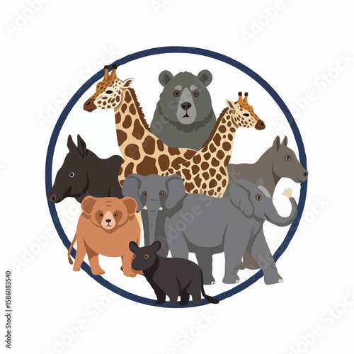 Playful illustration of diverse wild animals in natural and varied colors, representing wildlife diversity and species coexistence.