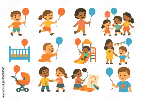 Children playing with balloons modern flat style. child holding balloon, balloon chase, balloon tied to wrist, group play with balloons, balloon over crib, toddler with