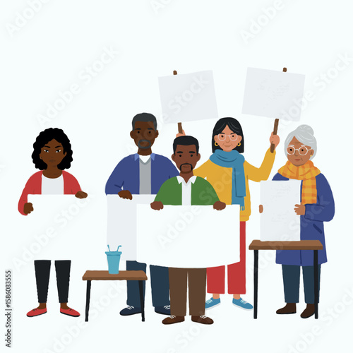 Determined and united diverse people protesting and holding blank signs on a plain white background with copy space.