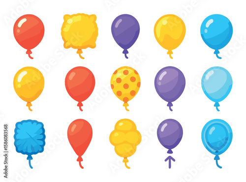 Balloon materials and textures modern flat style. latex balloon, foil balloon, rubber balloon, plastic balloon, glossy surface, matte balloon, printed texture