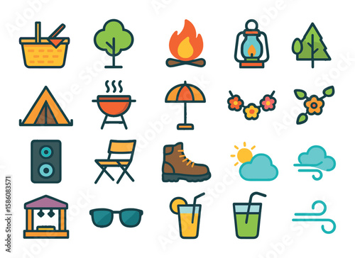 Outdoor and seasonal events modern flat style. picnic basket, park tree, bonfire, lantern, tent, barbecue grill, sun umbrella, flower garland, outdoor speaker, folding