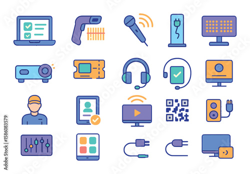 Event technology and logistics modern flat style. laptop with schedule, barcode scanner, wireless mic, charging station, video projector, digital ticket, headset, LED