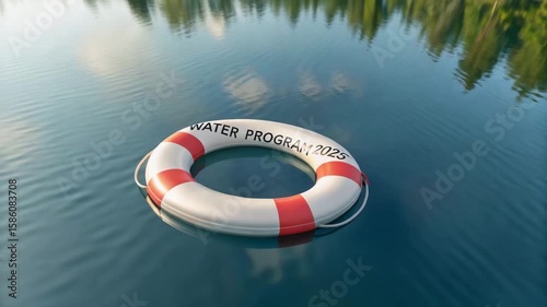 Lifebuoy Floats on Calm Water, Highlighting Water Stewardship Program for Safety and Rescue in Lake Environments and Flotation Awareness