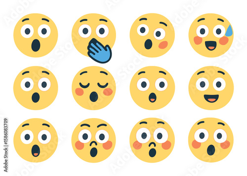 Facial expressions of surprise modern flat style. wide eyes, open mouth, raised eyebrows, shocked face, blushing cheeks, gasping lips, surprised emoji, hand over mouth