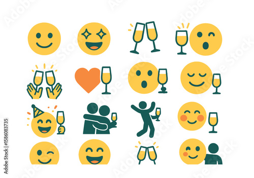 Emotions and moments with champagne modern flat style. happy face, sparkling eyes, laughing mouth, joyful toast, celebration hands, heart icon, surprised face, peaceful