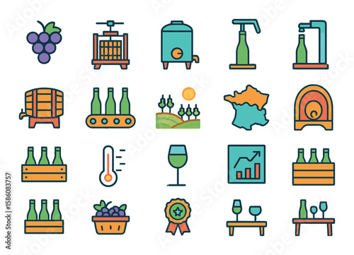 Champagne production and tools modern flat style. grape bunch, wine press, fermentation tank, corking machine, wine barrel, bottling line, vineyard row, champagne region