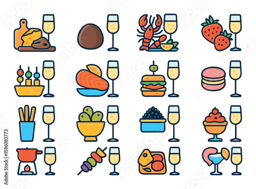 Champagne and food pairings modern flat style. cheese board, chocolate truffle, seafood platter, fresh strawberries, appetizer tray, smoked salmon, mini sandwich, macaron