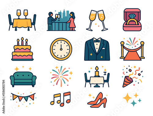 Champagne celebration settings modern flat style. banquet table, rooftop party, wedding toast, engagement ring, birthday cake, New Year clock, gala night, red carpet