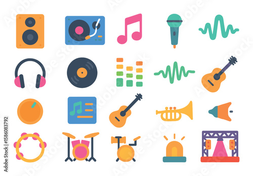 Party music and sound setup modern flat style. speaker icon, DJ turntable, music note, microphone, headphones, record disc, equalizer, sound wave, volume knob, music