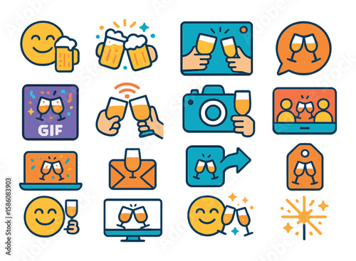 Cheers in digital communication modern flat style. emoji with glass, celebration sticker, virtual toast, chat bubble with clink, confetti GIF icon, livestream cheers