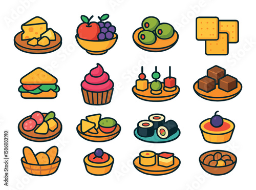 Cheers-related food and snacks modern flat style. cheese platter, fruit bowl, olives, crackers, mini sandwich, cupcake, appetizer tray, chocolate bites, charcuterie board