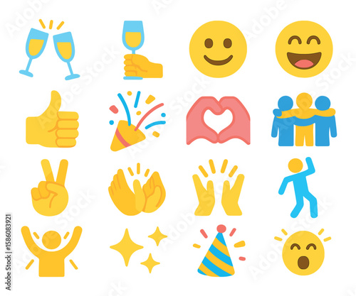 Cheers gestures and expressions modern flat style. clinking glasses, raised hand with glass, smiling face, laugh icon, thumbs up, confetti burst, heart gesture, group hug