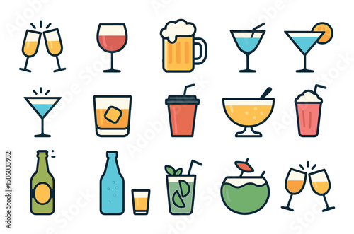Cheers and celebration drinks modern flat style. champagne glass, wine glass, beer mug, cocktail glass, martini glass, whiskey tumbler, soda cup, punch bowl, cider bottle