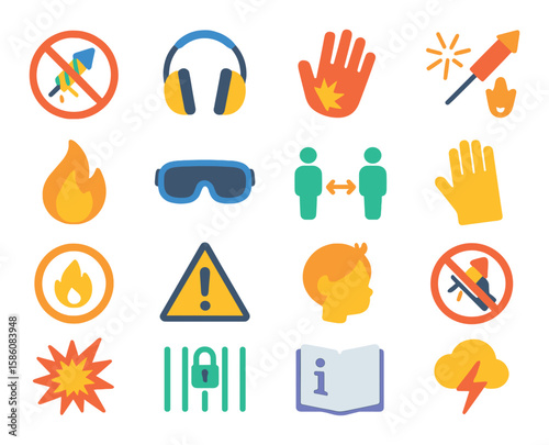 Fireworks safety and hazards modern flat style. no fire sign, ear protection, hand injury, spark danger, flammable icon, safety goggles, keep distance sign, glove icon