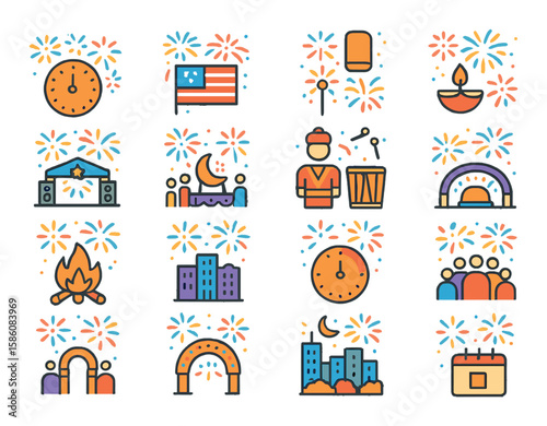 Fireworks festivals and events modern flat style. New Year icon, Independence Day flag, lantern festival, Diwali lamp, concert stage, night parade, traditional costume