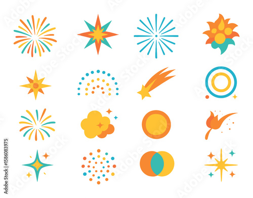 Fireworks visual effects modern flat style. burst pattern, symmetrical star, radiating lines, layered explosion, single spark, dotted arc, comet trail, double ring