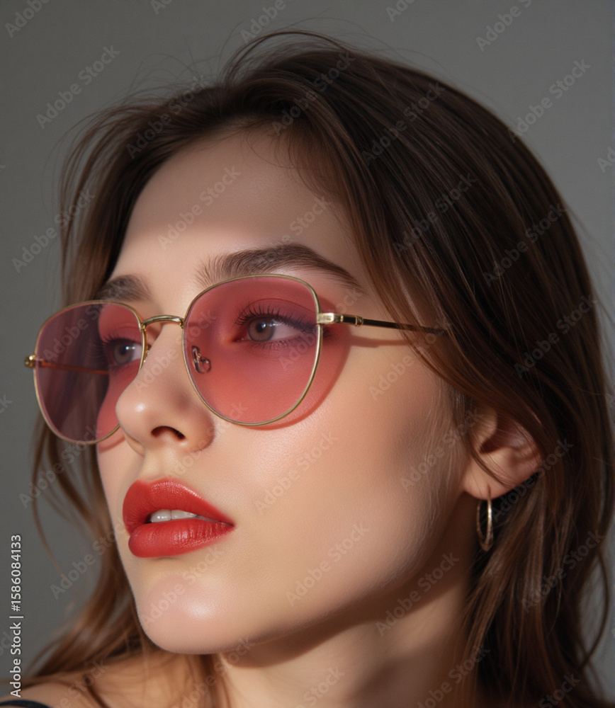 Fototapeta premium Stylish woman in pink-tinted sunglasses with red lipstick