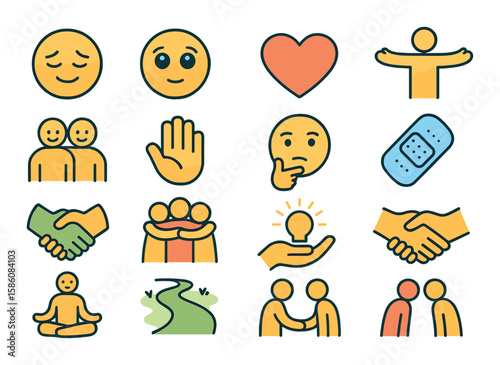 Emotional aspects of peace treaties modern flat style. relief face, hopeful eyes, calm heart, open arms, smiling figures, welcoming hand, thoughtful look, healing bandage