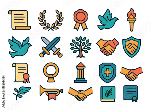 Historical symbols of peace agreements modern flat style. parchment scroll, laurel wreath, ancient seal, peace torch, doves flying, broken sword, olive tree, united hands