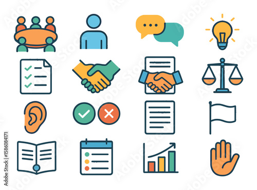 Negotiation elements in peace treaties modern flat style. roundtable, mediator figure, dialogue bubbles, idea lightbulb, agreement checklist, compromise icon, handshake