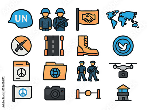 Peacekeeping and treaty enforcement modern flat style. peacekeeper helmet, security forces, truce banner, global map, demilitarized zone, neutral border, peacekeeping