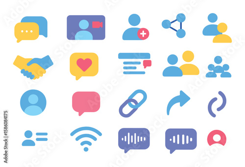 Digital and online relations modern flat style. message bubble, video call, friend request, connection network, digital handshake, emoji heart, online chat window, group