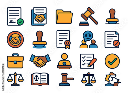 Legal and formal relationships modern flat style. signed contract, legal agreement, document folder, gavel icon, partnership seal, official stamp, notarized paper