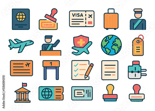 International travel elements modern flat style. passport, visa stamp, boarding pass, suitcase, airplane, customs officer, travel insurance, world map, flight schedule