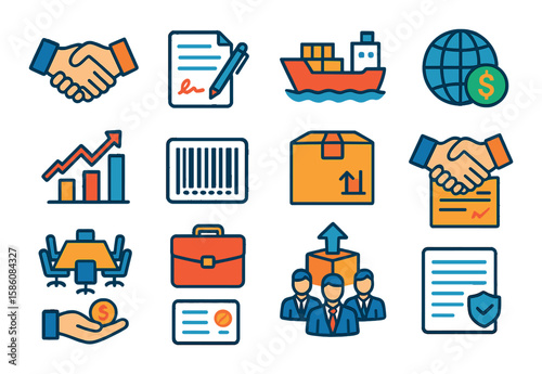 International business symbols modern flat style. handshake, contract, cargo ship, globe with dollar sign, stock chart, barcode, shipping box, trade agreement, conference