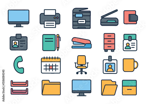 Office items and tools in consulate modern flat style. computer, printer, copier, document scanner, ID reader, pen and pad, stapler, filing cabinet, phone handset