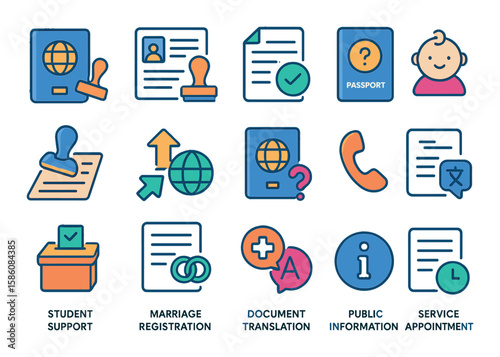 Services provided by a consulate modern flat style. passport renewal, visa application, document legalization, birth registration, notary service, travel advice, lost