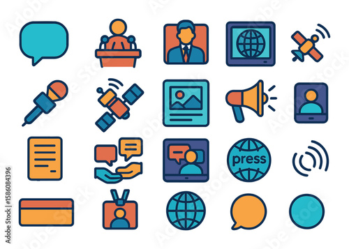 Visuals of foreign policy communication modern flat style. speech bubble, press conference, official address, international news screen, media mic, satellite connection