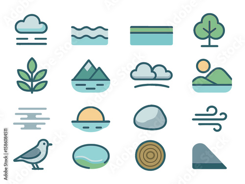 Nature-inspired neutrality modern flat style. overcast sky, still water, horizon line, balanced tree, even leaf pattern, mountain reflection, cloud symmetry, untouched