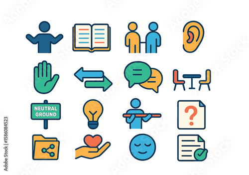 Mediation and neutrality in dialogue modern flat style. mediator figure, open notebook, two sides icon, listening ear, raised palm, dialogue arrows, speech bubbles equal