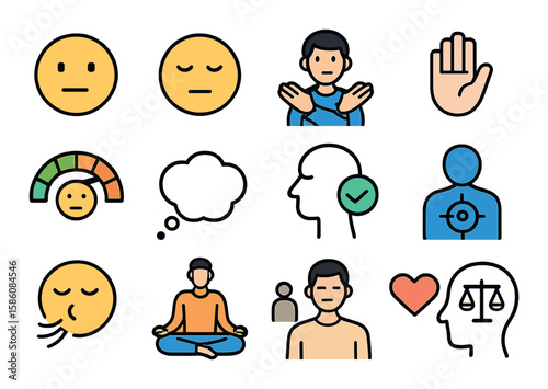 Emotional neutrality and expression modern flat style. calm face, flat mouth, closed eyes, indifferent gesture, relaxed hand, emotion scale, blank thought bubble, no