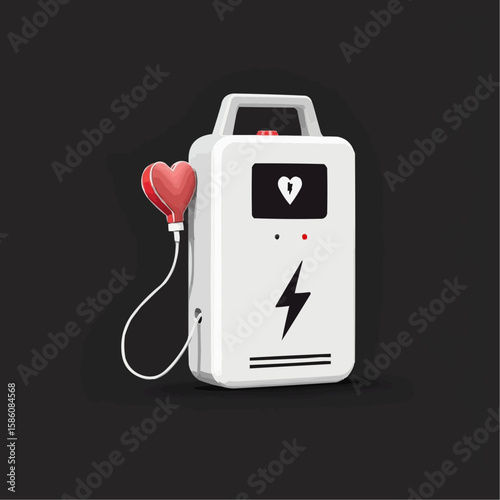 Heart-shaped defibrillator in vector style on dark background  