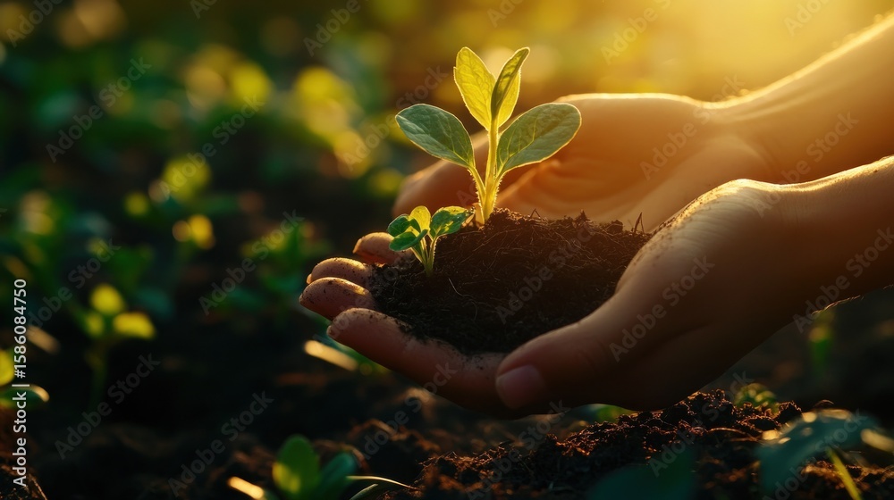 Fototapeta premium Hands holding a small plant seedling in rich soil at sunset.