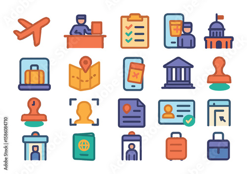 Travel and immigration processes modern flat style. airplane icon, customs declaration, travel checklist, border control, luggage scan, travel map, ticket booking
