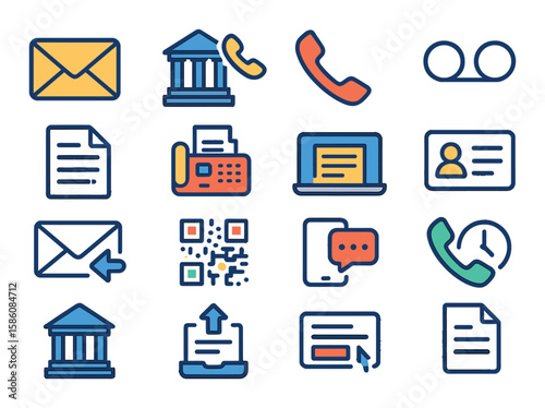 Communication and correspondence modern flat style. email envelope, embassy hotline, phone receiver, voicemail symbol, printed letter, document fax, online form, contact