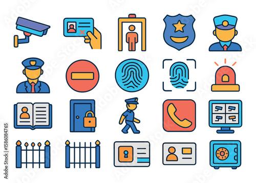 Security and protocols modern flat style. surveillance camera, ID check, metal detector, security badge, embassy guard, restricted area sign, fingerprint scanner, alarm